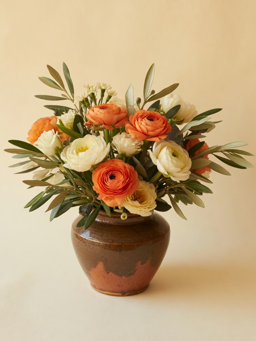 Arranjo de ranúnculos laranja e flores creme em vaso de cerâmica marrom.