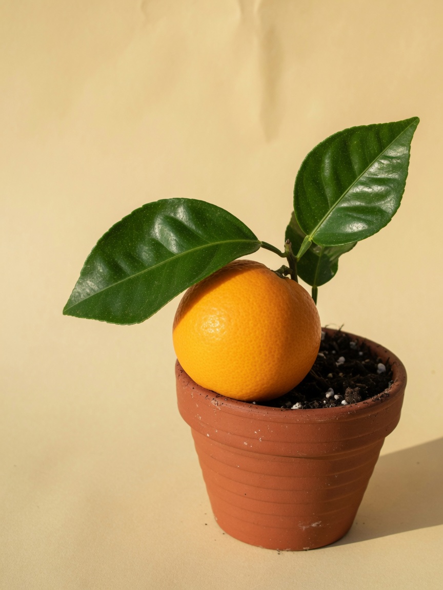 Bergamota laranja e duas folhas em vaso de barro.