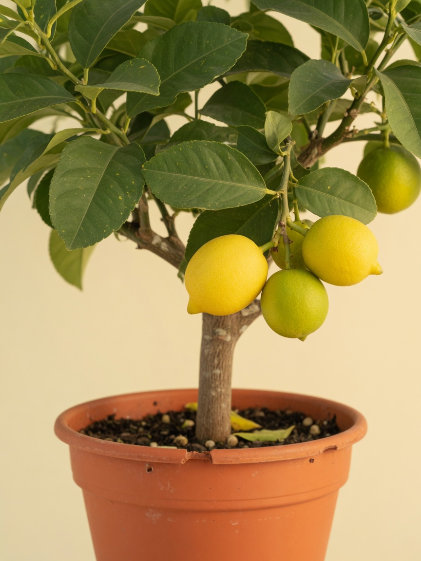 Limoeiro em vaso de barro, frutos amarelos e verdes no galho.