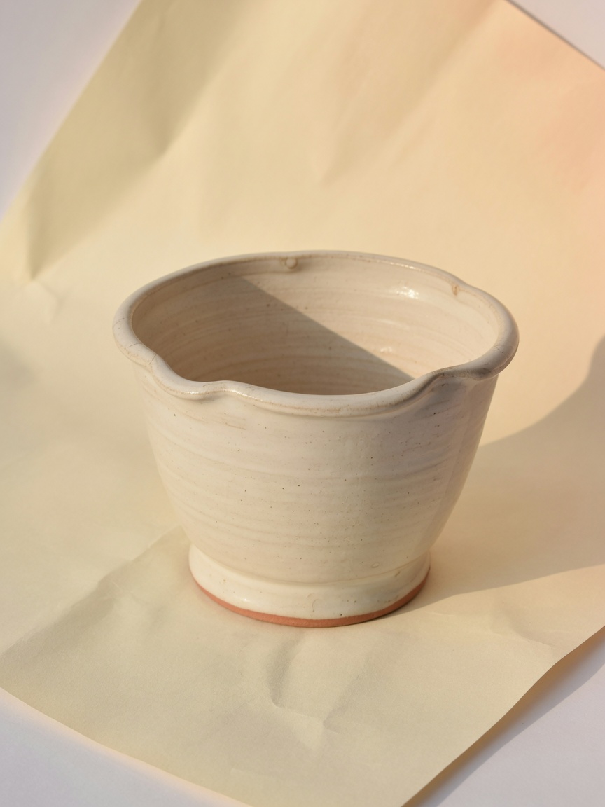Vaso de cerâmica creme vazio, borda ondulada, sobre papel.